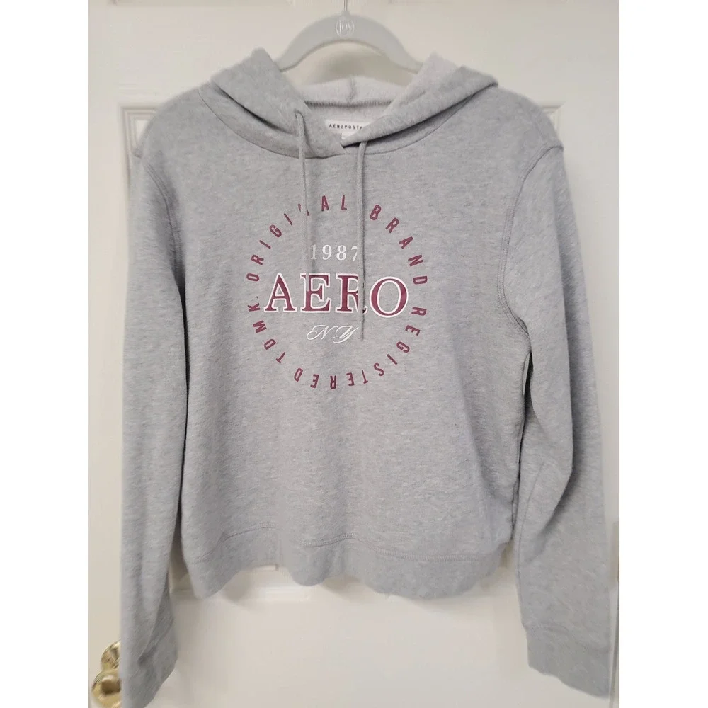 Aeropostale Womens Gray 1987 Aero Logo Hoodie Sweatshirt Pullover L - Picture 2 of 7